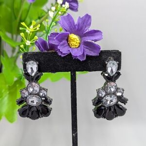 Genuine Black And White Crystal Dark Grey Metal Art Deco Style Stud Earrings